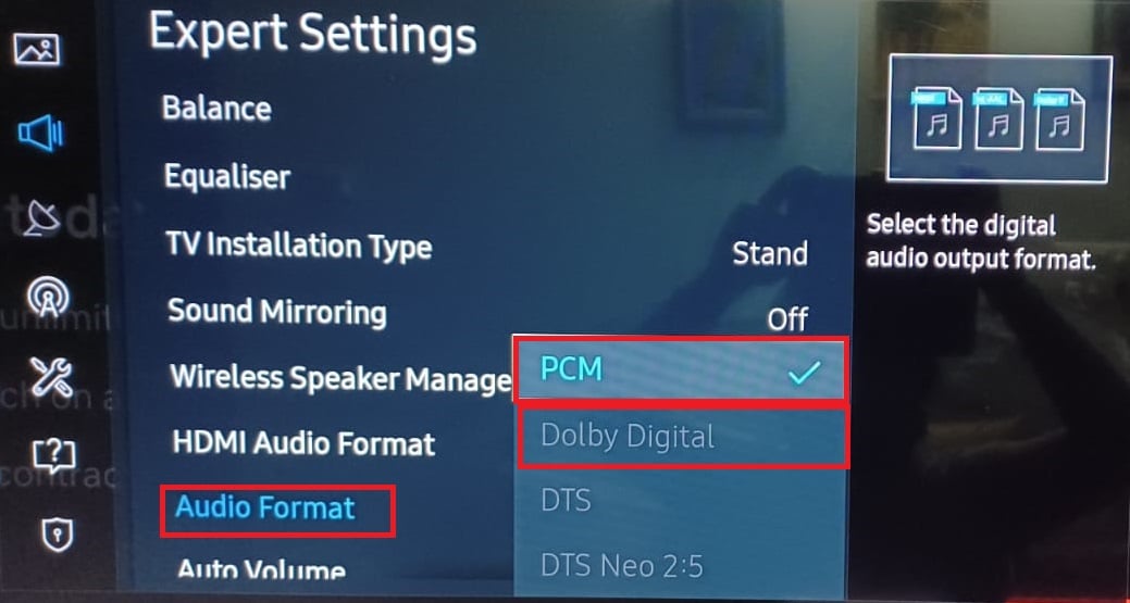 Formato de áudio PCM Dolby Digital Expert Configurações de som Samsung TV