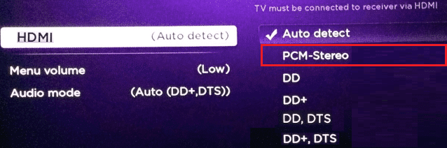 Configurações de áudio HDMI PCM-Stereo-roku. Corrigir o áudio da Netflix fora de sincronia Samsung TV