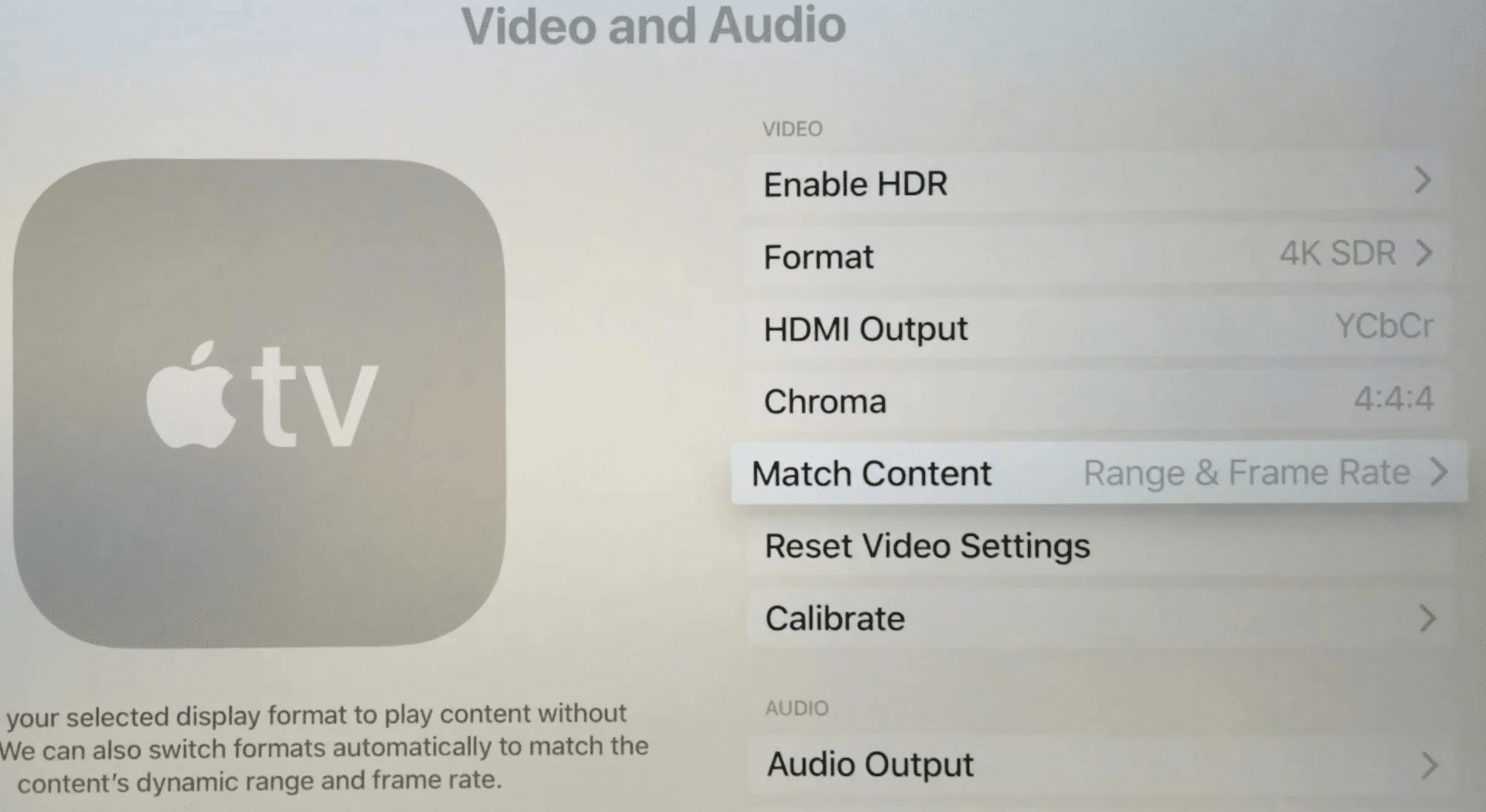 Configurações de vídeo e som Apple TV