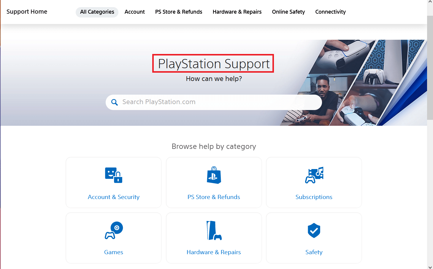 Página inicial de suporte da Sony PlayStation