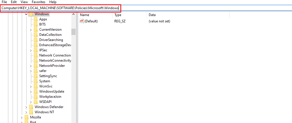 ไปที่เส้นทางตำแหน่งโฟลเดอร์คีย์ของ windows ใน Registry Editor