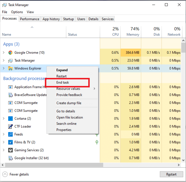 Clique com o botão direito do mouse em Windows Explorer explorer.exe e selecione Finalizar tarefa