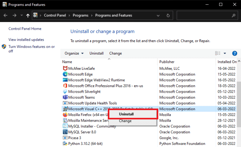 Localize os programas do Microsoft Visual C++ na lista. Clique com o botão direito sobre eles e clique em Desinstalar depois de escolher cada item