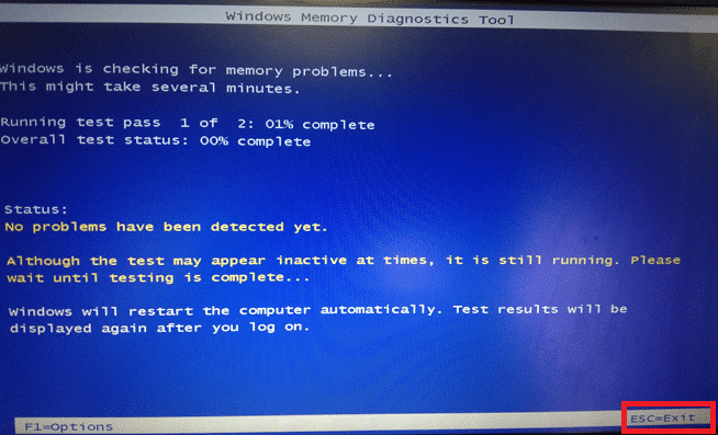 Se houver algum erro, anote-o para solucionar o problema de acordo. Pressione a tecla Esc para sair da ferramenta Windows Memory Diagnostics | Biblioteca de tempo de execução do Microsoft Visual C++