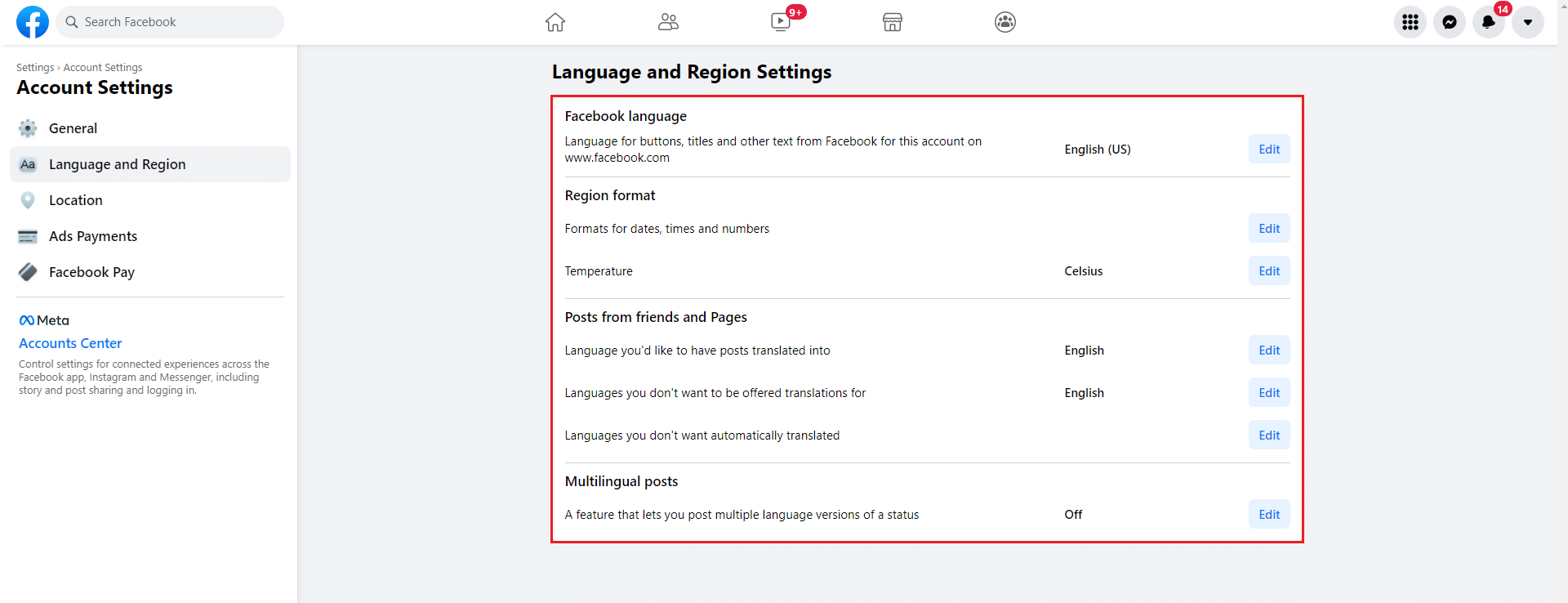 Paramètres de langue et de région Facebook