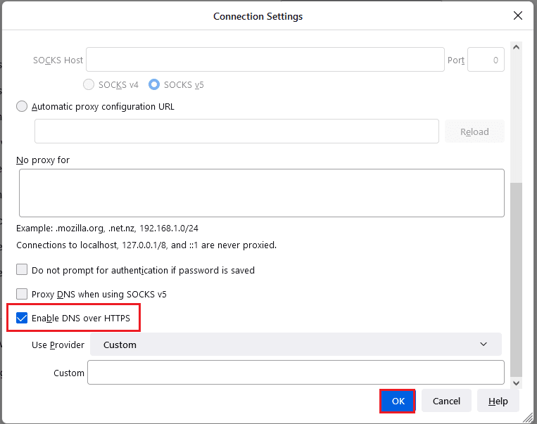 选择通过 HTTPS 设置启用 DNS 选项，然后单击确定按钮。修复 Windows 10 中的 Firefox PR END OF FILE 错误