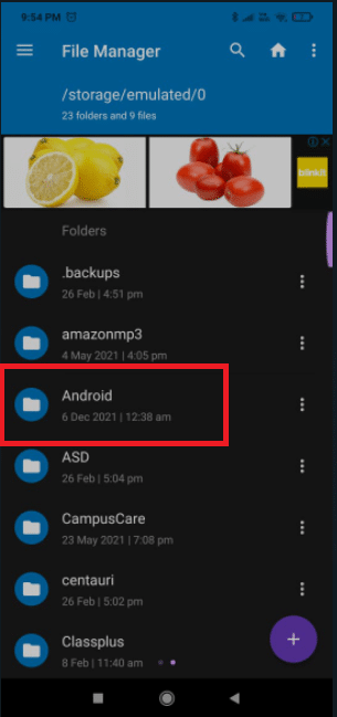 vá para a pasta Android