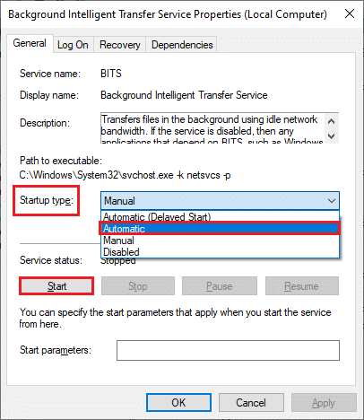 sélectionnez le type de démarrage sur Automatique. Correction de l'erreur de mise à jour Windows 10 0x80190001