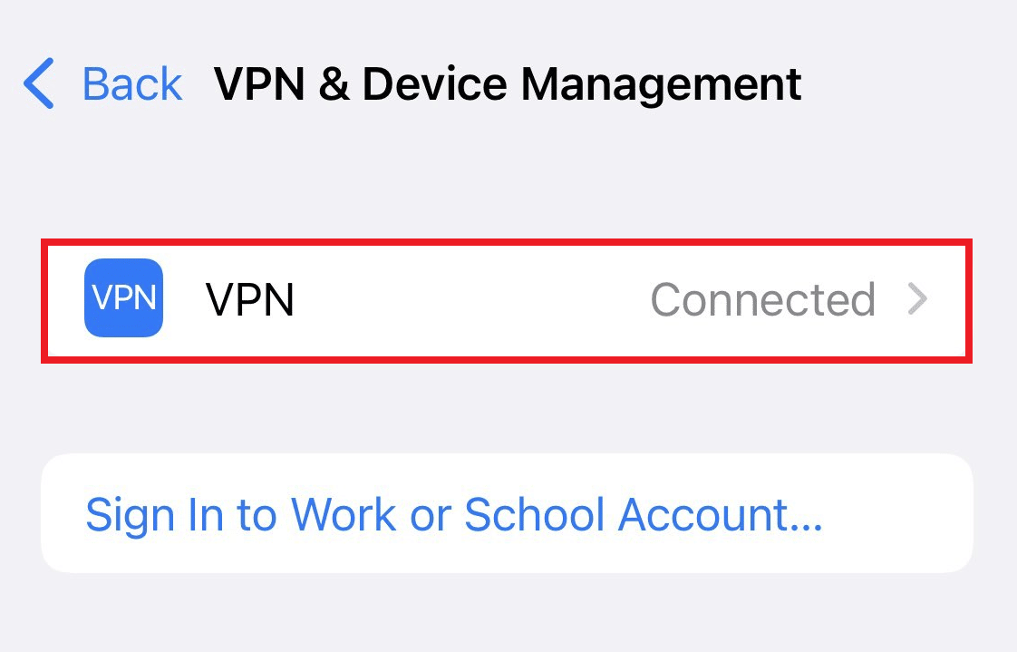 VPN 및 장치 관리 메뉴에서 VPN 옵션을 탭합니다.