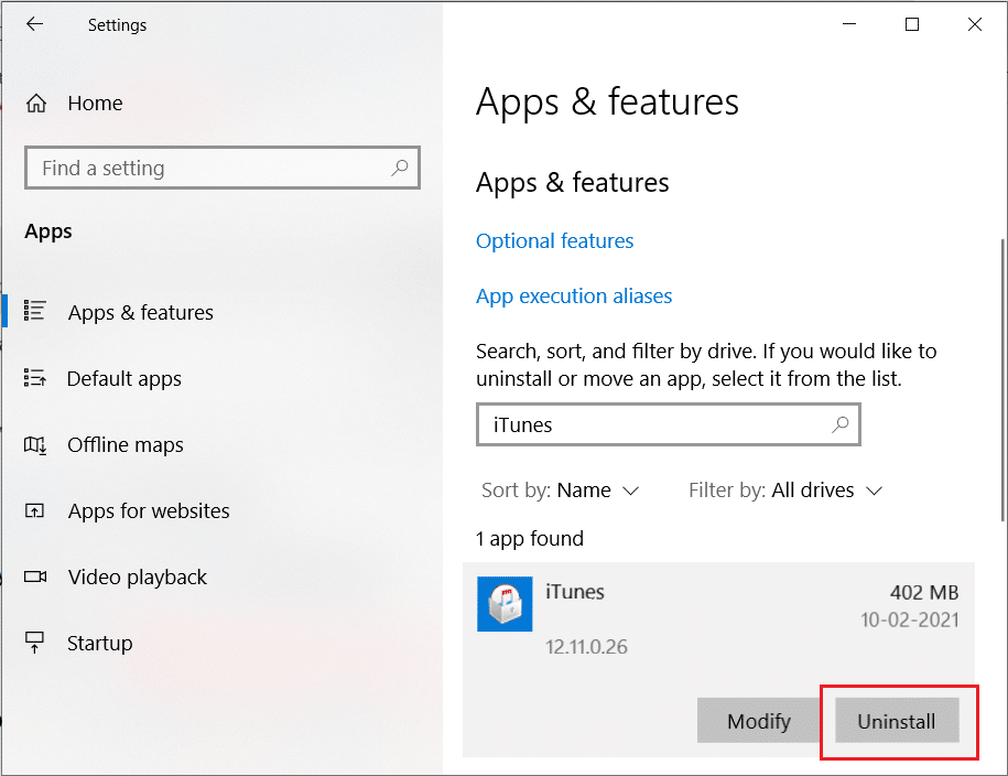 제거를 눌러 Windows 10에서 iTunes를 제거 | Windows 10에서 iPhone이 감지되지 않는 문제 수정