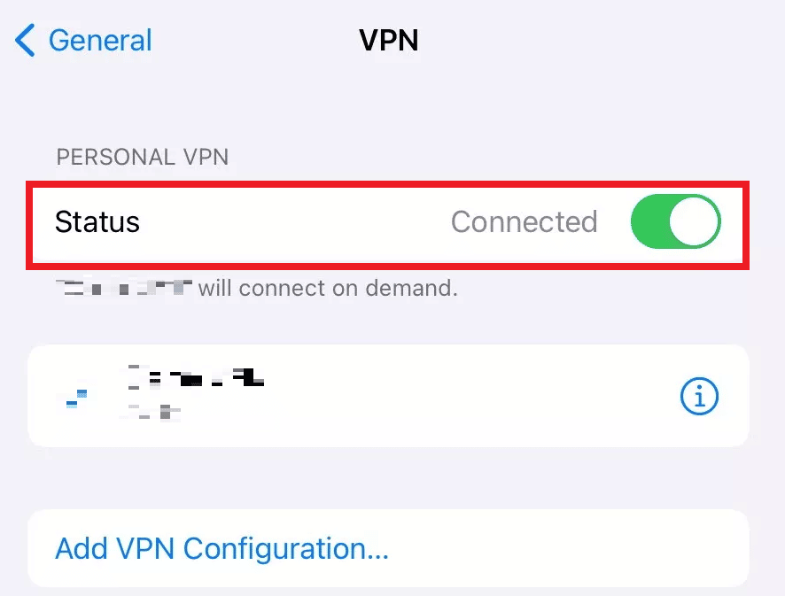 개인 VPN 섹션에서 상태 슬라이더를 끕니다.