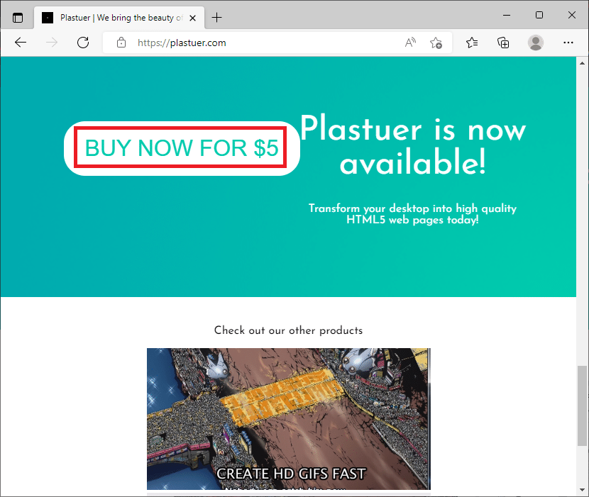 访问 Plastuer 的官方网站并点击立即购买 5 按钮。如何在 Windows 10 中将 GIF 设置为墙纸