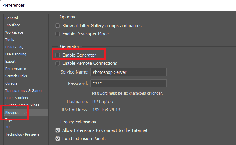 在 Plugins 选项卡中，取消选中 Generator 部分下的 Enable Generator 选项 |修复 Photoshop 无法完成您的请求错误
