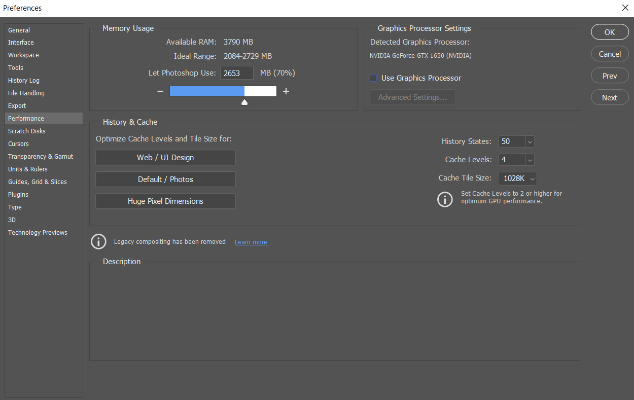 同时按 Ctrl + K 键在 Adob​​e Photoshop 中打开“首选项”窗口