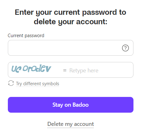 取消Badoo帐户的最后一步是输入密码并输入特殊字符