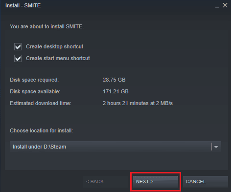 installez Smite cliquez sur Suivant dans steam