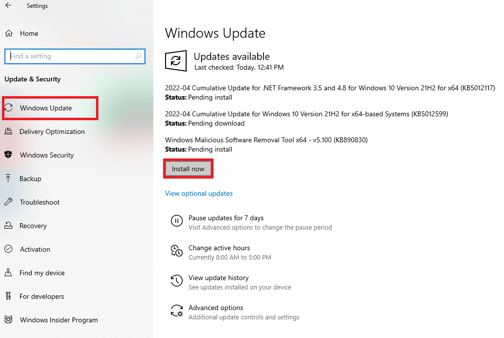 Mettez à jour Windows. Correction de l'erreur d'application Esrv.exe dans Windows 10