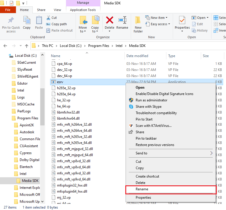 cliquez sur l'option Renommer. Correction de l'erreur d'application Esrv.exe dans Windows 10