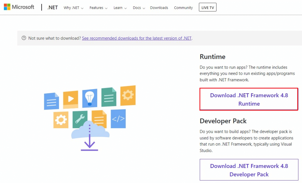 Installez le dernier framework .NET. Correction de l'erreur d'application Esrv.exe dans Windows 10