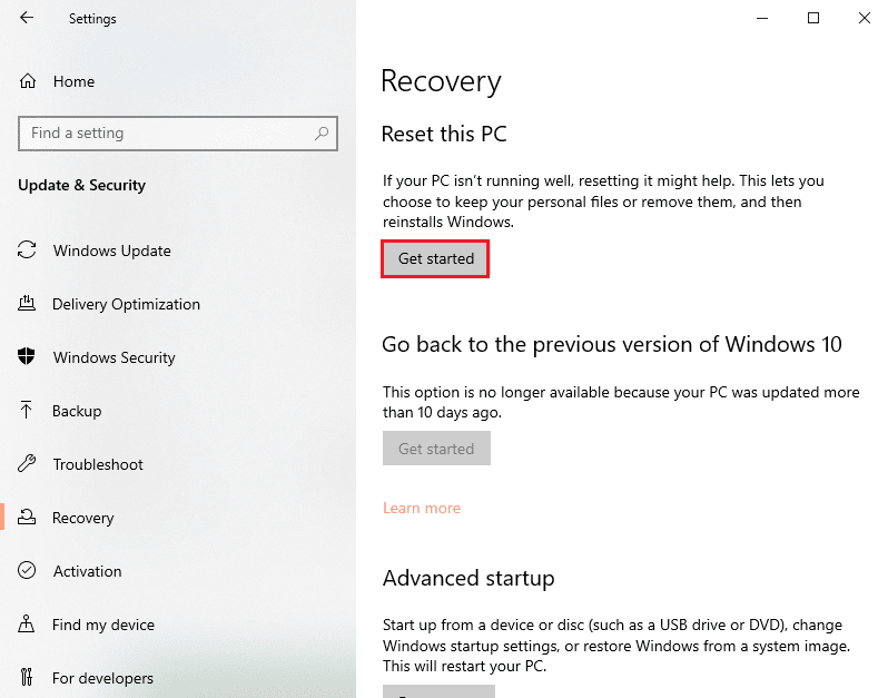 Réinitialisez l'ordinateur. Correction de l'erreur d'application Esrv.exe dans Windows 10