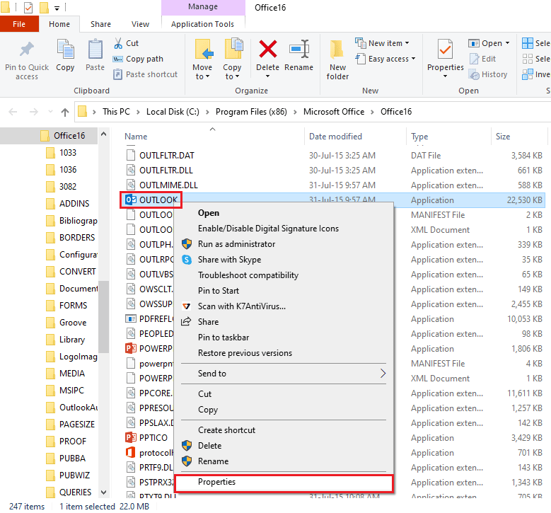 cliquez sur l'option Propriétés. Fix Outlook ne s'ouvre qu'en mode sans échec sur Windows 10