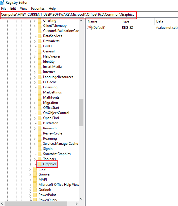 Nommez la nouvelle clé créée en tant que graphiques. Fix Outlook ne s'ouvre qu'en mode sans échec sur Windows 10