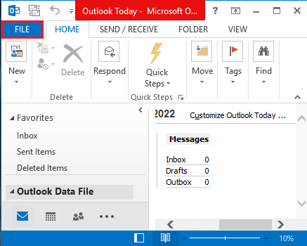 Cliquez sur l'onglet Fichier. Fix Outlook ne s'ouvre qu'en mode sans échec sur Windows 10