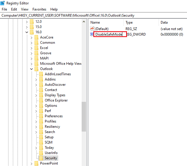 Entrez le nom du DWORD en tant que DisableSafeMode. Fix Outlook ne s'ouvre qu'en mode sans échec sur Windows 10