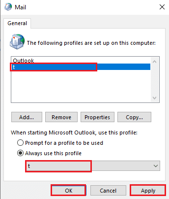 cliquez sur les boutons Appliquer puis sur OK pour réinitialiser le profil Outlook. Fix Outlook ne s'ouvre qu'en mode sans échec sur Windows 10