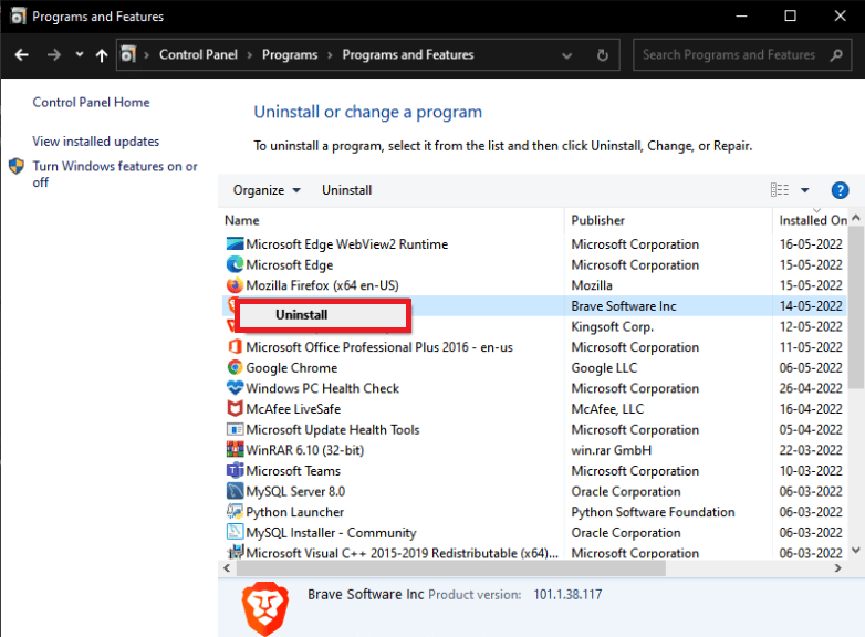 sélectionnez Désinstaller. Correction de l'accès Internet privé ne se connecte pas dans Windows 10