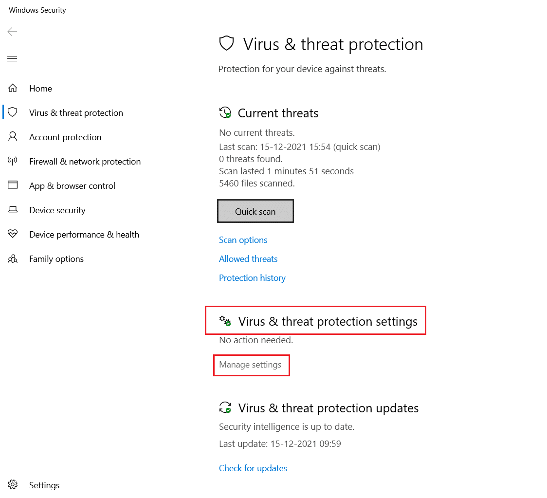 cliquez sur Gérer les paramètres dans les paramètres de protection contre les virus et menaces. Correction de l'accès Internet privé ne se connecte pas dans Windows 10