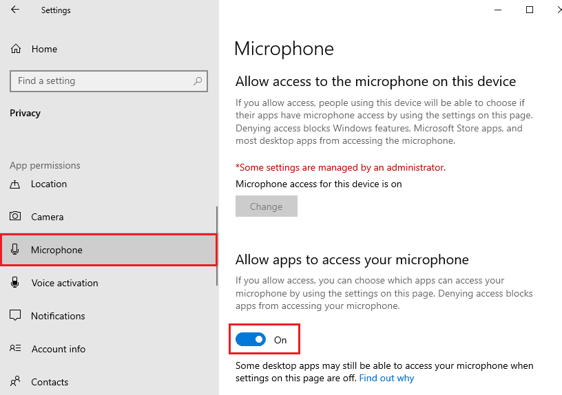 Assurez-vous que l'option Autoriser les applications à accéder à votre microphone est activée