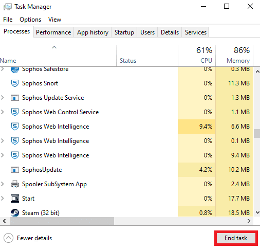 Fin de tâche sur Windows 10