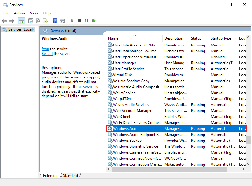 sélectionner le service audio Windows