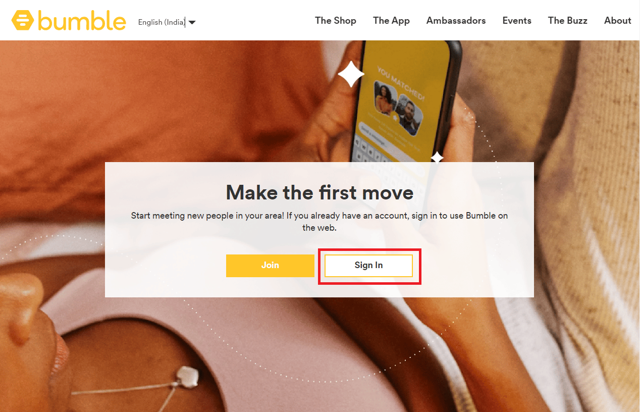 Page d'accueil du site officiel de Bumble. Cliquez sur Se connecter | Comment supprimer des invites sur Bumble