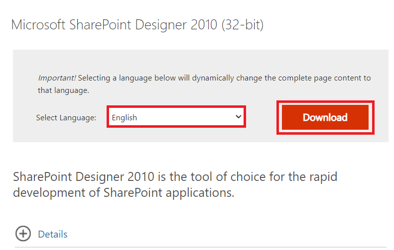 Microsoft SharePoint Designer 2010 官方页面。选择英语并下载