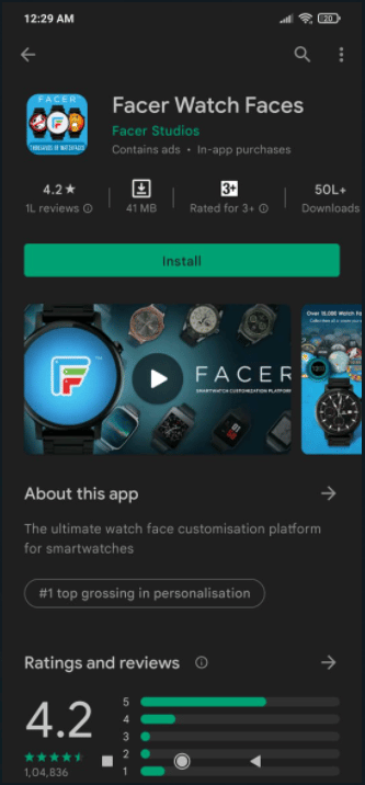 转到 Play 商店并搜索 Facer Watch Faces 并单击安装