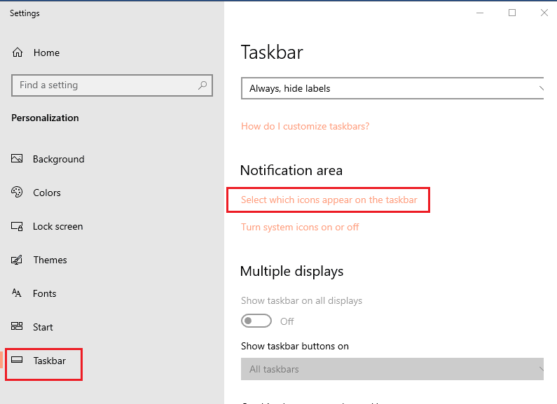 cliquez sur l'option Sélectionner les icônes qui apparaissent sur la barre des tâches