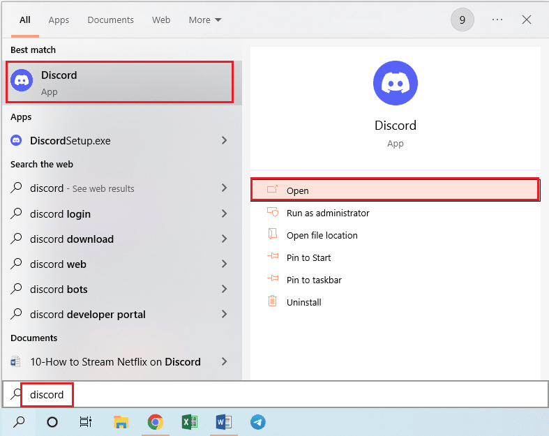 lancez l'application Discord. Correction du point rouge sur l'icône Discord dans Windows 10