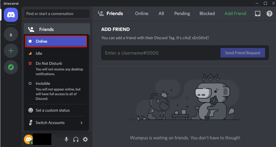 Cliquez sur n'importe quel autre statut tel que En ligne. Correction du point rouge sur l'icône Discord dans Windows 10