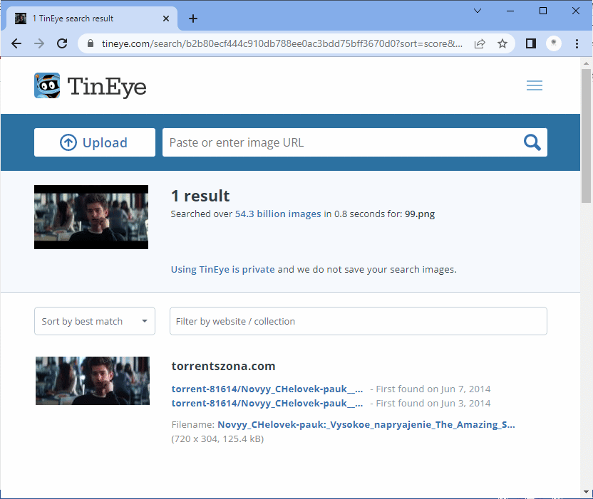 TinEye recherche des informations pour votre image et le résultat