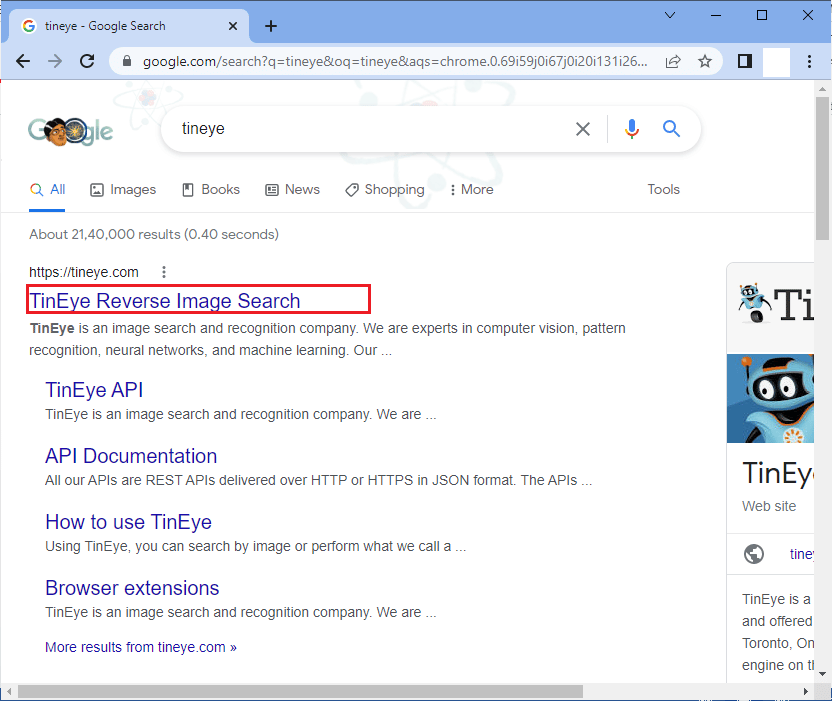 Ouvrez un navigateur et tapez TinEye dans la barre de recherche. Accédez à la page d'accueil de TinEye. Comment inverser la recherche d'une vidéo sur Google