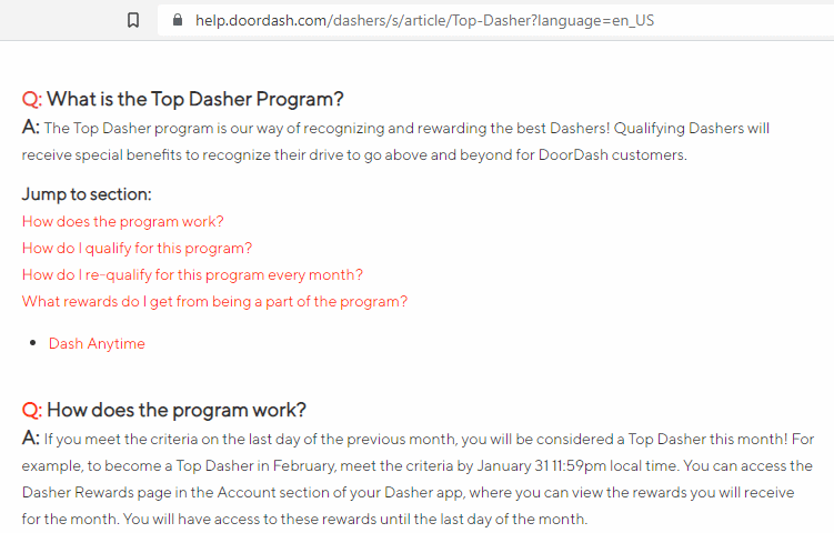 Üst Dasher DoorDash Yardım sayfası