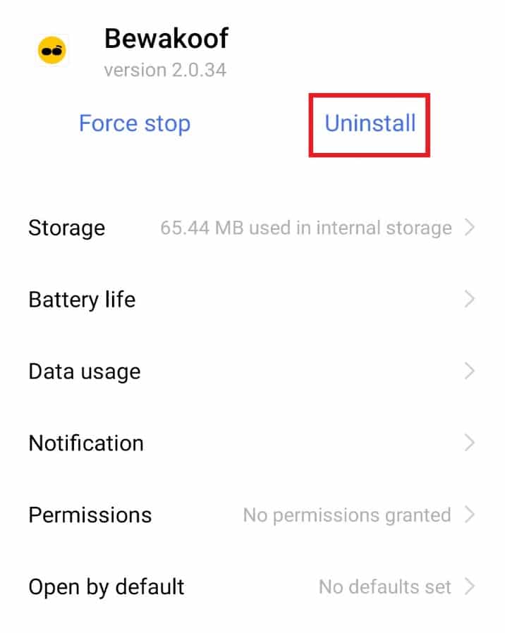 Appuyez sur Désinstaller. Fix Android démarre l'optimisation de l'application 1 sur 1