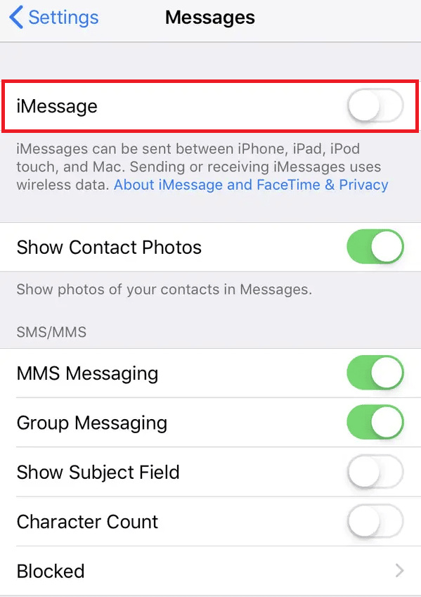 ouvrez l'application Paramètres et désactivez la bascule iMessage. Fix iMessage doit être activé pour envoyer ce message