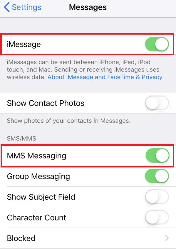 Activez la bascule pour iMessage et la messagerie MMS