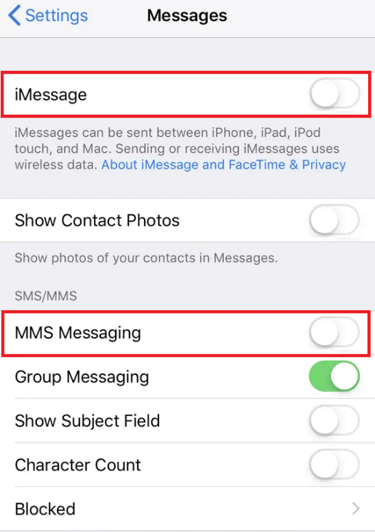 Désactivez les bascules pour iMessage et la messagerie MMS