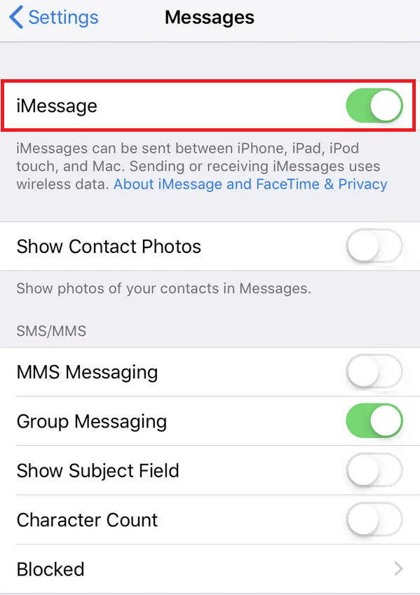 Activez la bascule pour iMessage à partir du haut