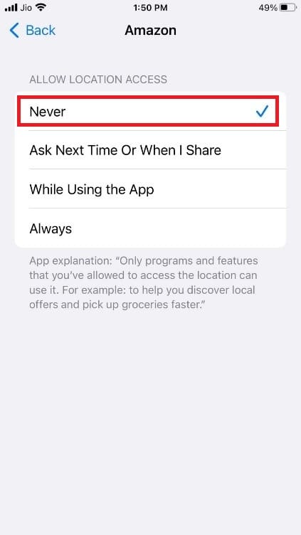 Sélectionnez l'option Jamais pour désactiver l'accès à la localisation | Comment faire pour que Find My iPhone dise aucun emplacement trouvé