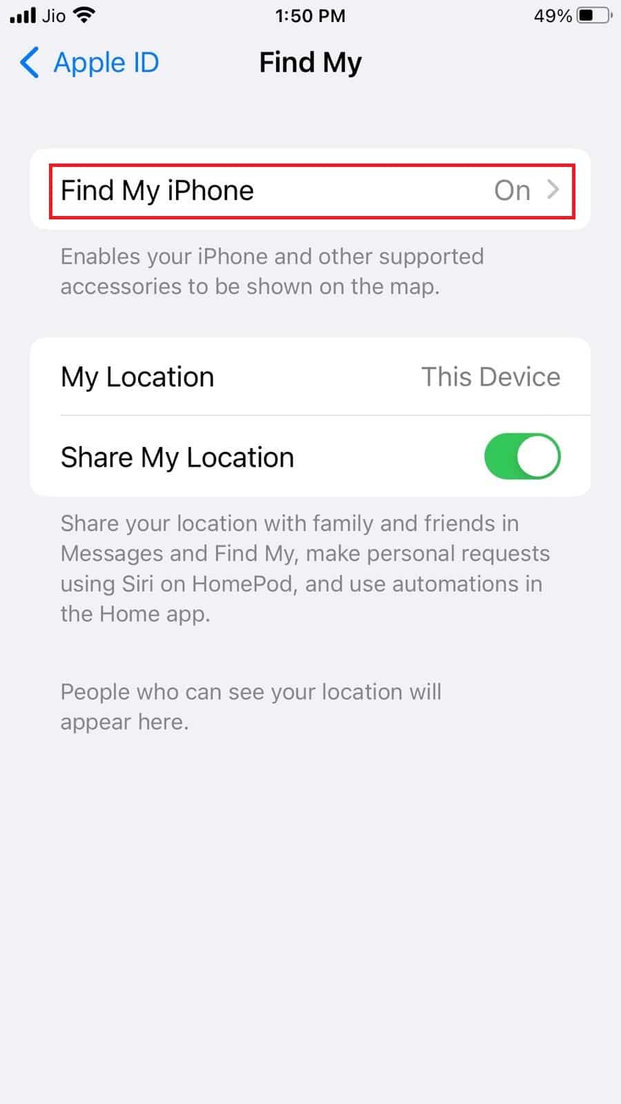 appuyez sur Localiser mon iPhone pour désactiver l'option